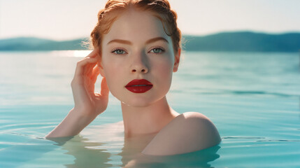 a beautiful Topmodel with pale skin lounging in the water. 