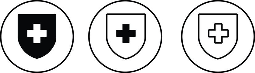 Obraz premium Medical health protection shield cross icons set. Protected shield concept. Safety badge vector. Privacy metal banner shield. Security safeguard metal label. Presentation chrome sticker shape.