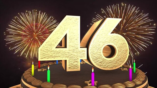 46th birthday chocolate cake animation 3d render in chocolate gold with confetti and balloon background. 4k
