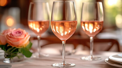 Naklejka premium glasses of rose wine on a festive dinner wedding table, magazine style, 
