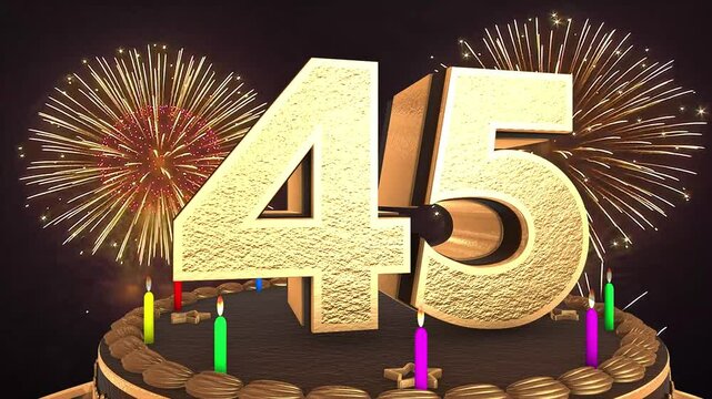 45th birthday chocolate cake animation 3d render in chocolate gold with confetti and balloon background. 4k