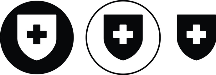 Medical health protection shield cross icons set. Protected shield concept. Safety badge vector. Privacy metal banner shield. Security safeguard metal label. Presentation chrome sticker shape.