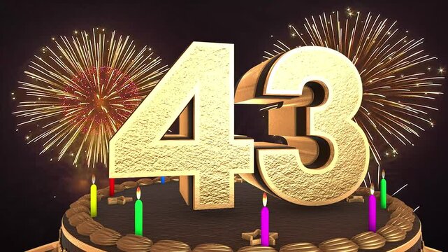 43rd birthday chocolate cake animation 3d render in chocolate gold with confetti and balloon background. 4k