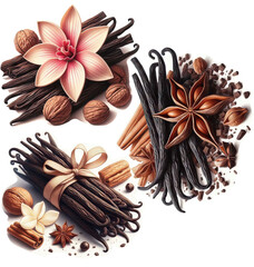 Fototapeta premium Hand drawing illustrations, Vanilla vanillin, cinnamon ,sweets, candle, flowers vanilla, food, seasoning, spices, sweets, drawing vanillin, vanilla, drawing for Packaging, rouse, flowers