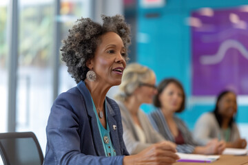 African American businesswoman manager in her forties wearing a blue blazer, addressing colleagues at a modern wooden table in a conference room