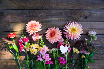 Bouquet of summer flower -  autumn flowers -  bunch of dahlias with heart - floral greetings - congratulations -  Happy birthday, wedding, anniversary, Mother's Day