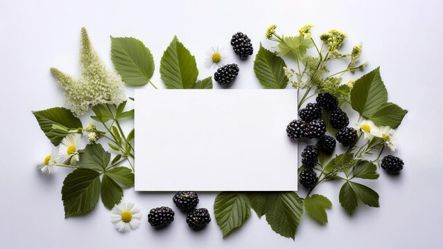 Decoraci&oacute;n de follaje y moras con tarjeta para saludo 