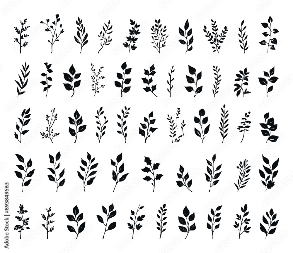 Wall mural branches and leaves set hand drawn simple style black icons white background vector botanical illust