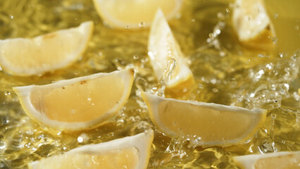 Top down view of lemon slices splashing in water on yellow background. Close up of fresh lemon sliced placing at separated yellow background with water pouring and splash. Citrus freshness. Pabulum.