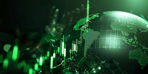 Green stock market graph rising up with digital globe background. Global Stock market rally or recovery concept.stock, cryptocurrency background