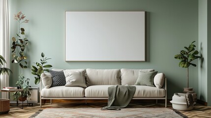 A Cozy Living Room with a White Sofa and a Blank Canvas Ready for Art