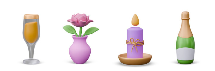 Glass with drink, decorative candle, vase with flower, bottle of champagne