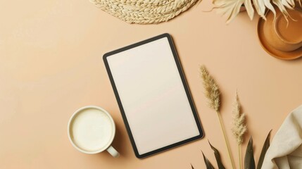 Blank screen tablet on beige background viewed from above