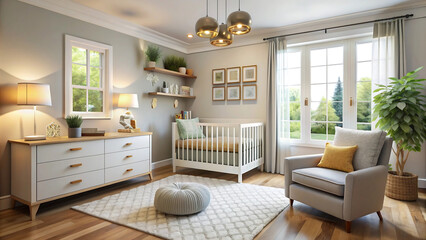 living room with furniture, Contemporary Nursery with Gender-Neutral Decor and Smart Features