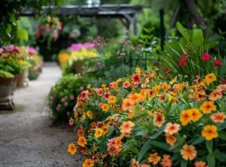 Path through Flower Garden with Orange Flowers