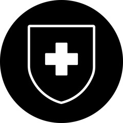 Medical health protection shield cross icon. Protected shield concept. Safety badge vector. Privacy metal banner shield. Security safeguard metal label. Presentation chrome sticker shape.