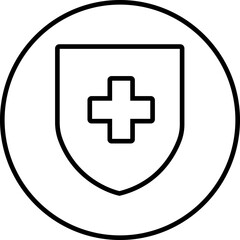 Medical health protection shield cross icon. Protected shield concept. Safety badge vector. Privacy metal banner shield. Security safeguard metal label. Presentation chrome sticker shape.