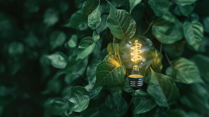 Eco-friendly lightbulb made from fresh leaves seen from a top view. Concept of Renewable Energy and Sustainable Living.