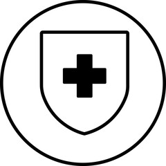 Medical health protection shield cross icon. Protected shield concept. Safety badge vector. Privacy metal banner shield. Security safeguard metal label. Presentation chrome sticker shape.