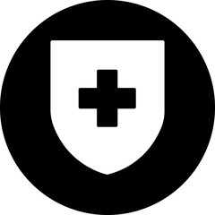 Medical health protection shield cross icon. Protected shield concept. Safety badge vector. Privacy metal banner shield. Security safeguard metal label. Presentation chrome sticker shape.