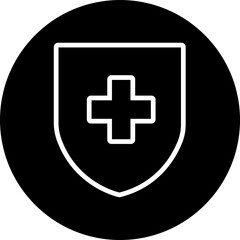 Medical health protection shield cross icon. Protected shield concept. Safety badge vector. Privacy metal banner shield. Security safeguard metal label. Presentation chrome sticker shape.