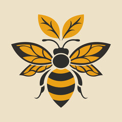 Simple flat bumblebee with two leaves. Vector graphic design on a cream background