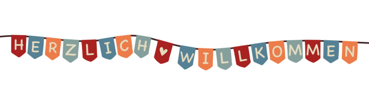 Herzlich Willkommen - Schriftzug in deutscher Sprache. Banner mit einer bunten Wimpelkette.