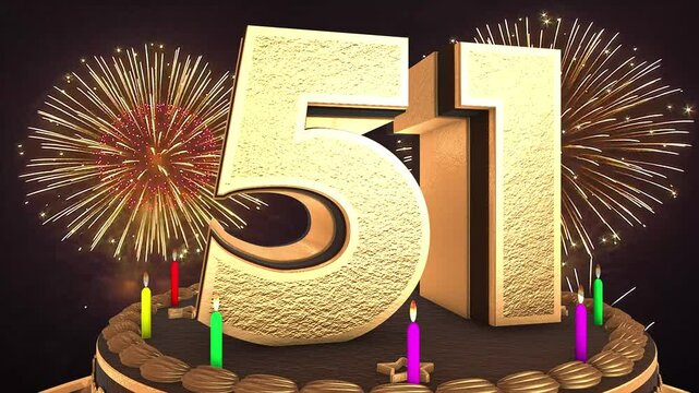 51st birthday chocolate cake animation 3d render in chocolate gold with confetti and balloon background. 4k