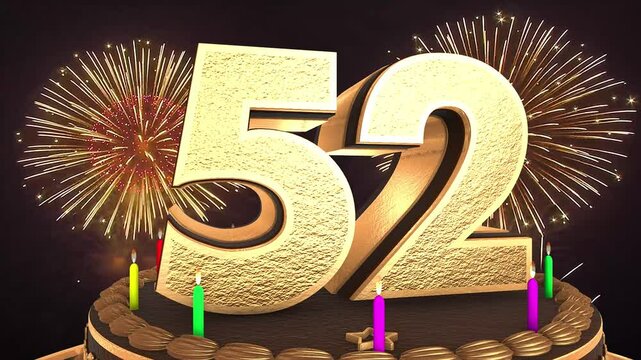52nd birthday chocolate cake animation 3d render in chocolate gold with confetti and balloon background. 4k
