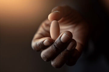 Obraz premium Close-up of a hand holding an oval pill between the fingers, with a dark blurred background.Advances and innovation in the pharmaceutical industry, representing new developments in medical treatments.