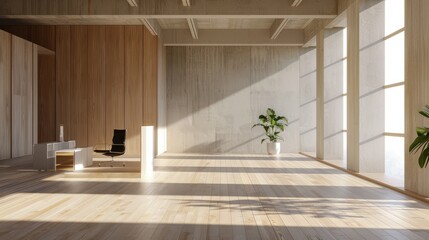Fototapeta premium A modern office interior with a minimalist design and natural light, great for adding a clean and spacious look to designs