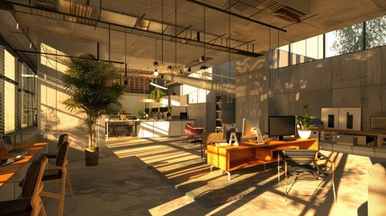 A modern coworking space with open-plan offices, communal areas, and innovative design elements