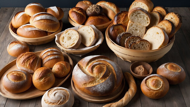 A collection of various breads, including sourdough, baguettes, and rolls, are displayed in rustic wooden baskets on a wooden table