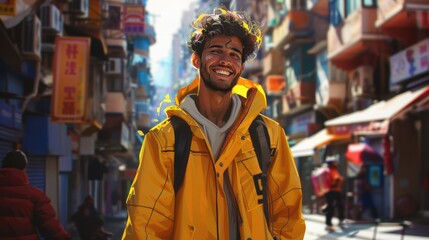 Fototapeta premium A smiling man in a yellow jacket and backpack in a vibrant urban street, his cheerful demeanor exemplifies exploration, style, and modern wanderlust in cityscapes.