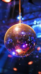 Shiny mirrored disco ball reflecting vibrant lights
