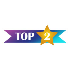 Top 2 award. Gold star symbol. Gradient ribbon vector. Two number detail.