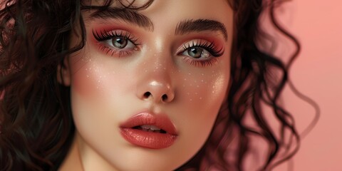 Fototapeta premium cute 20 year old woman with large brown eyes and super thick dark black eyeliner and mascara. Long curly hair. Exquisitely detailed close up professional shot. Attractive. Flirting pose.