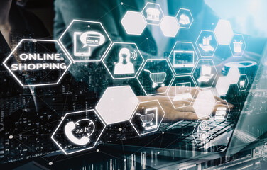 Online shopping and Internet Money Payment Transaction Technology. Modern graphic interface showing e-commerce retail store for customer to purchase product on the website and pay by online transfer.