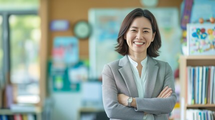 confident female korean school teacher smiling at camera in classroom, education concept, diversity in teaching, asian woman, academic professional, stock photo for education materials