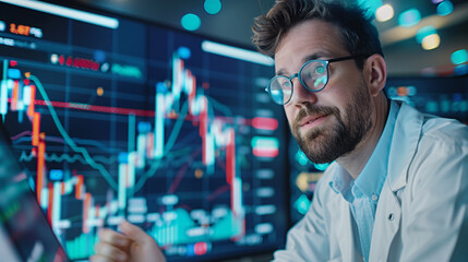 A man in a lab coat is looking at a computer screen with graphs and numbers. He is focused and attentive, possibly analyzing data or making a decision based on the information displayed