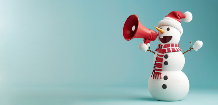 Snowman with megaphone, christmas advertising and marketing concept, social media, announcement for discount sale, winter holiday season 