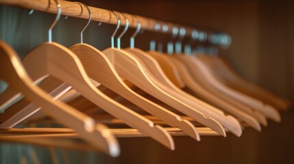 Fototapeta premium Several wooden clothes hangers neatly hanging on a rail in a wardrobe