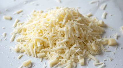 Obraz premium Close-up shot of a pile of shredded cheese on a clean white surface