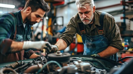 father and son working on a car piece in a garage