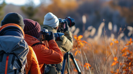 Fototapeta premium Students taking photographs of wildlife and landscapes, with cameras and tripods, capturing the beauty of nature, left third copy space