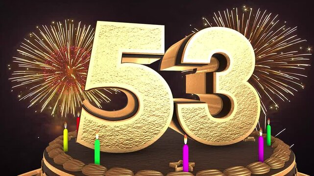 53rd birthday chocolate cake animation 3d render in chocolate gold with confetti and balloon background. 4k