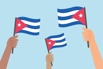 Diverse people hands raising flags of Cuba. Vector illustration of Cuba flags in flat style on blue background.