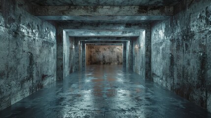 Obraz premium A Long Dark and Wet Concrete Corridor Leads to an Unknown Destination