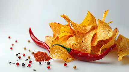 Naklejka premium A photo of a snack with a pile of chips and a chili on a white surface