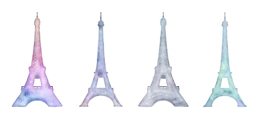 Watercolor Eiffel tower silhouettes in various colors isolated with transparency